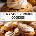Soft pumpkin cookies topped with creamy cinnamon frosting styled as Homemade Fall Cookies. 2